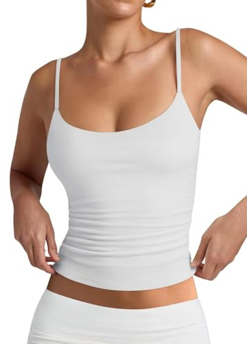 PINKMSTYLE Womens Double Lined Spaghetti Strap Tank Top Scoop Neck Sleeveless Basic Cami Shirts White Small