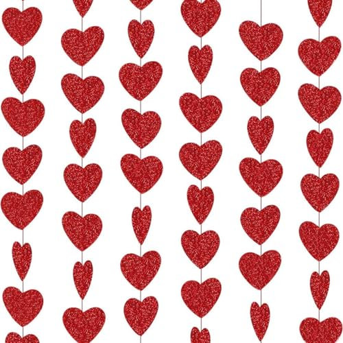 Valentinstag Deko Herz Girlande Dekoration Rot Herzen Girlanden Glitzer Herzgirlande Hängedeko für Valentinstag Heiratsantrag Antrag Romantisch – 6STK –
