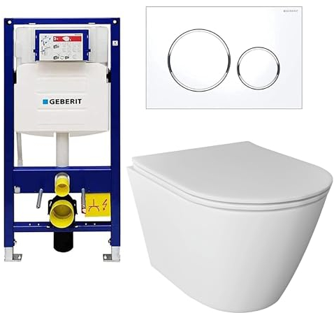Alpenberger Toilette Badezimmer Set | Klo mit WC Deckel mit Absenkautomatik | WC mit Spülkasten Komplettset | Geberit Vorwandelement Komplettset mit Betätigungsplatte