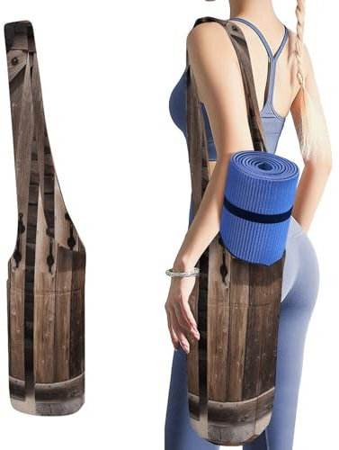 YJWANDL Yogamatten-Organizer, Vintage-Holz-Scheunentür-Druck, Yogamatte, Tasche, Turnmatte, Tasche, Leinen-Aufbewahrungstasche, strapazierfähige Yoga-Tragetasche