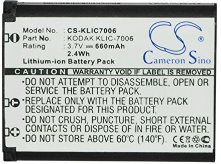 660mAh 2.44Wh Battery Replacement for Kodak EasyShare M200, M215, M22, M23, M52, M522, M530, M531, M532, M5350 Friendly Zoom FZ51, Friendly Zoom FZ52 fit Part No. KLIC-7006, LB-012