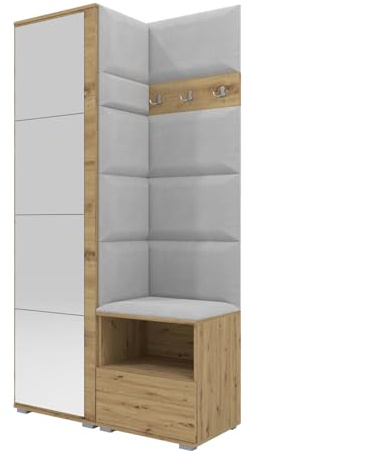 RAVIO Flurgarderobe 100 cm mit Kleiderschrank & Spiegel, Garderobenset Flur mit Schuhschrank, Sitzbank, Garderobenpaneel, Wandpolster & Push to Open Türen - Artisan Eiche/Wandpaneel Hellgrau