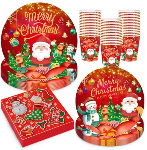 Set di 64 piatti di carta natalizi, bicchieri e tovaglioli, per feste di Natale, feste invernali, per 16 ospiti