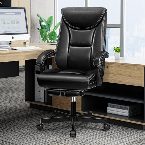 DoChair Chefsessel Breiter Bürostuhl aus Glänzendes PU-Leder ergonomischer Schreibtischstuhl mit Fußstütze hohe Rückenlehne Office Chair 150KG, Schwarz