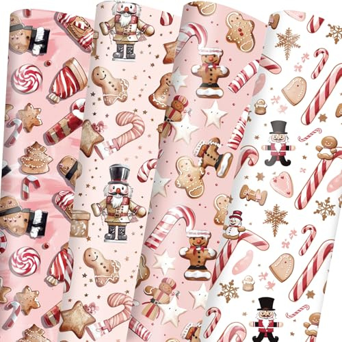 Vnaaem Pink Christmas Wrapping Paper with 4 Nutcracker Gingerbread Design for Christmas Holiday Party Celebration - 20 X 28Inches Per Sheet(8 Pack)