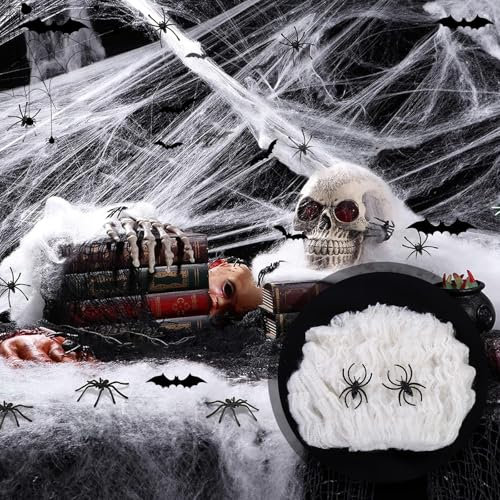 Ragnatele Decorativa di Halloween, 300 g Ragnatele Halloween Estensibile e 60 Ragni Realistico e 24 Pipistrelli Adesivi 3D della Parete di Halloween Decorazioni Halloween per Porte e Finestre