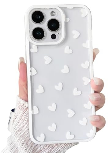 NITITOP Compatible with iPhone 16 Pro Case Cute Clear White Durable Love Heart Pattern for Girls Women Soft TPU Transparent Colourful Frame Full Camera Lens Shockproof Protective Cover - White