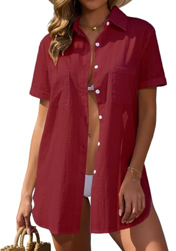 Vancavoo Beach Cover Up Cotton Beach Shirt Women Swimsuit Cover ups Dress Button Down Short Sleeves Beachwear Loose Cardigan Blouse Tops,Burgundy,XXL