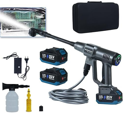 ONEVAN Akku Hochdruckreiniger, 120 bar Bürstenlos Mobiler Hochdruckpistole mit 2 4000mAh Akkus und Ladegerät, 6 Spritzmodi, Leicht Hochdruck Wasserpistole für Autowäsche, Pflanzenbewässerung