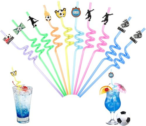 Lot de 10 pailles de football réutilisables, en plastique bouclées, pour décoration d'anniversaire et réunions familiales, cadeaux