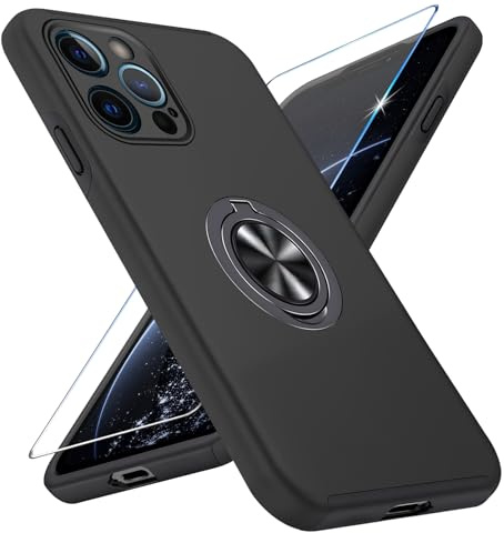 Vaki Handyhülle für iPhone 12 Pro Hülle mit Schutzfolie, Schutzhülle Case mit 360° Magnetischer Ring Ständer Kratzfest Fallfestigkeit Stoßfest für iPhone 12 Pro Cover (Schwarz)