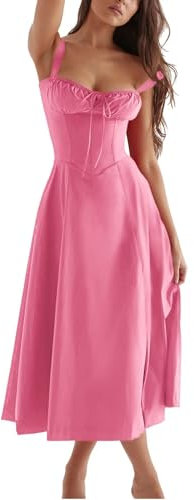 Shuanghao Vestito Donna Elegante Cerimonia Sexy Spaghetti Senza Maniche Abito Estivo Linea A Spacco Laterale Midi Abiti Estivi Donna Abito da Spiaggia Bohémiian Vacanze per Il Tempo Libero Rosa M