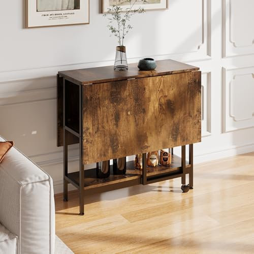 Warmiehomy Wooden Folding Dining Table Foldable Mobile Drop Leaf Dinner Table on Wheels with Storage Shelves for Apartment Kitchen Dining Room, Space Saving, Industrial Vintage Brown