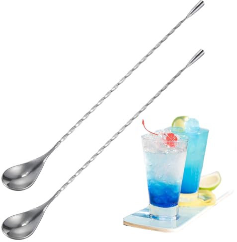 Ouligay 2 Stück Barlöffel Gedreht, 30cm Lange Löffel Edelstahl, Probierlöffel Hochwertiger Spiral-Löffel von Cocktails, Bar Zubehör Praktisches Bar Spoon für Stir Cocktail Kaffee, Leckere Longdrinks