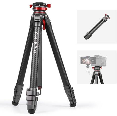 GVM TRIP38 62 Video Camera Tripod Carbon Fiber with Damping Adjustable Fluid Head, Fiber with Leveling 360°Panorama Head, Detachable Center Axis, Fast Flip Buckle, Arca QR Plate Compatible with V3