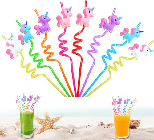 8 Stück Einhorn Strohhalme Wiederverwendbar, Bunte Lockige Trinkhalme mit Reinigungsbürste, für Kindergeburtstag Partydeko, Mitgebsel Geschenk