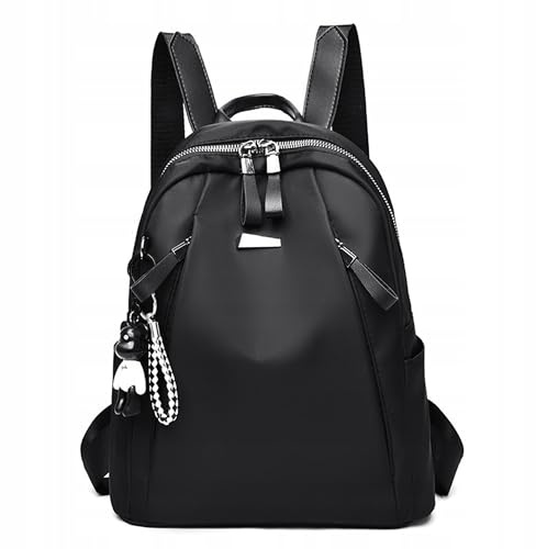 Damen Rucksack – Moderner Cityrucksack mit Reißverschluss & Bärchen-Anhänger – Wasserabweisender Rucksack für Alltag, Schule, Reisen & Freizeit – Leicht, robust, modisch Schwarz & Rot (Schwarz)
