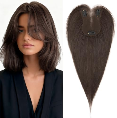MY-LADY Echthaar Topper Damen Mittelscheitel, 100% Handgehäkelt Clip In Haar Topper Dunkel Braun Pony Haarteil Leicht und atmungsaktiv Formt Gesicht(19g)