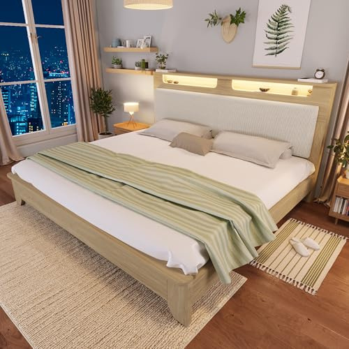 Kayan Doppelbett 140x200 cm, Holzbett mit Lattenrost und Beigefarbener Cordpolster-Rückenlehne, LED-Kopfteil mit Stauraum Lagerregal, Jugendbett Bettgestell, Ohne Matratze (Heller Eiche, 140×200cm)