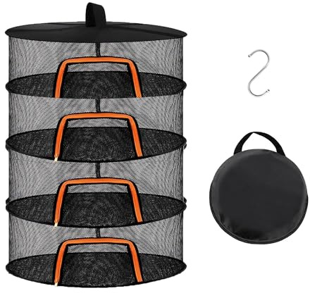 Relaxdays Trockennetz faltbar, Dörrnetz 4 Ebenen für Kräuter, Obst, Gemüse, Fischtrockner zum Aufhängen, orange/schwarz