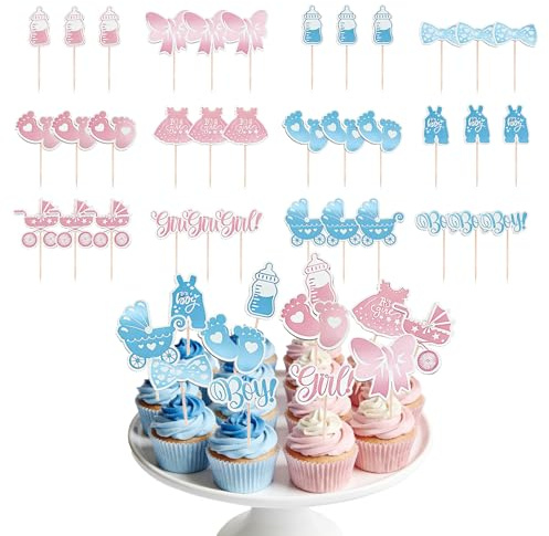 FMPXYYA 36 Stück Gender Reveal Tortendeko Babyparty – Baby Boy or Girl Deko Kuchen, Baby Shower Cupcake Topper, Tortenstecker für Taufe und Gender Reveal Party Deko, Tortendeko Babyparty (Blau, Rosa