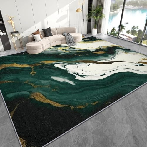 Dunkelgrüner Marmor Teppich 120x180cm, Modisches Abstraktes Linienmuster, Luxuriöser Teppich in Grün und Weiß, Rutschfest Waschbar Teppiche für Wohnzimmer, Schlafzimmer, Esszimmer Home-Office