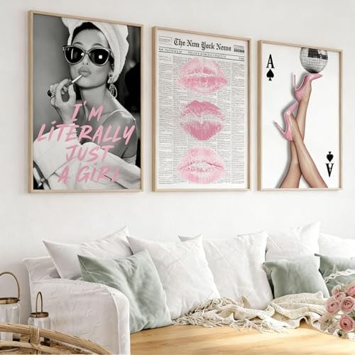 JORCEDI 3er Pink Vogue Poster Set Retro-Y2K-Pink-High Heels,modische Frauen, verführerische Lippen Im Preppy-Stil für Wohnzimmer, Schlafzimmer, Ankleidezimmer, dekoratives,ungerahmt (50 * 70cm)