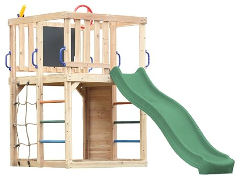 AXI Sam Klettergerüst aus Holz in Braun mit Rutsche in Grün | Spielturm/Spielplatz für Kinder mit Kletterwand, Kletternetz & Hangelstangen | Inklusive Zubehör | Spielgerät für den Garten