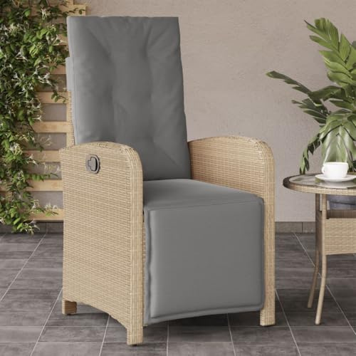 Chaise inclinable de jardin avec repose-pieds réglable, fauteuil relax en rotin synthétique beige, coussins épais lavables, cadre acier robuste pour terrasse, balcon et piscine, supporte 110 kg