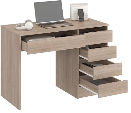 KOMTO Schreibtisch mit 5 Schubladen Sonoma Eiche – Computertisch, Bürotisch, Kinderschreibtisch mit Stauraum, PC Tisch für Jugendzimmer | Arbeitstisch PLIO 110 x 53 x 78,5 cm