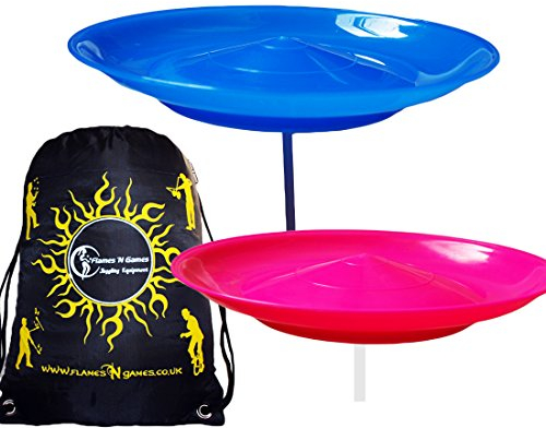 Lot de 2 plaques de tournage Juggle Dream (bleu/rose) classiques + 2 bâtons + sac de voyage Flames N Games. Très amusant pour les enfants et les adultes.