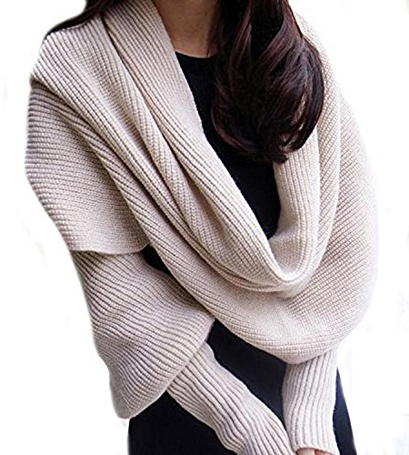 Butterme Mode Winter warme Normallack gestrickter Verpackungs Schal Häkeln Thick Schal Umhang mit Sleeve für Frauen und Männer (Beige)