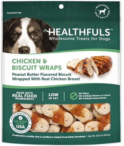HEALTHFULS Chicken & Peanut Butter Healthy Dog Treats – High-Protein, Low-Fat, Biscuit Wraps with Real Peanut Butter – 16 oz