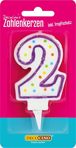 DECOCINO Zahlenkerzen Zahl „2“ – Torten-Kerzen Happy-Birthday-Deko, Gerbutstags-Kerzen, Geburtstags-Deko für Geburtstags-Torte & Geburtstags-Kuchen, 7cm