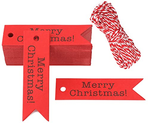 G2PLUS Klein Merry Christmas Geschenkanhänger, Rot Weihnachten Anhänger Geschenk,100 Stk Weihnachten Etiketten, 2x7CM Weihnachtsanhänger Papier zum Geschenke oder Weihnachten Adventkalender Deko