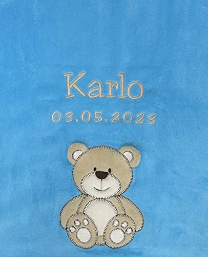 KIDDI-MEDIA Babydecke mit Name und Geburtsdatum Bestickt/kuschelig weich / 1A Qualität (Türkis - Bär)