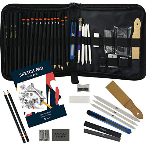 Tavolozza Art Supplies 34-teilige Skizzenstifte und Zeichnungsset in einer Reisetasche - Enthält Bleistifte, Kohlestifte, Kohlestifte, Radiergummis und weiteres Zubehör