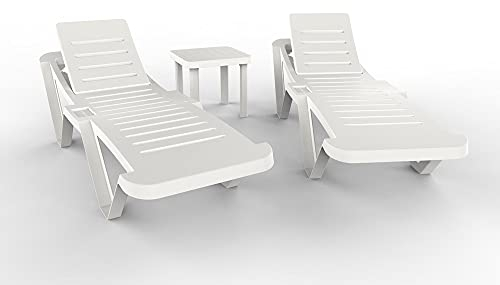 resol grupo garbar Master-Andorra Set 2+1 Tumbona-Mesa Auxiliar Exterior | jardín, terraza, balcón, Playa, Piscina | diseño, Ligero, apilable, reclinable, Ruedas, Posavasos | Blanco