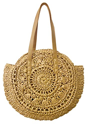 YYHJM Damen Hohle Runde Sommerstroh Gewebt Große Schulter Gewebte Tasche Damenhandtasche Strandtasche