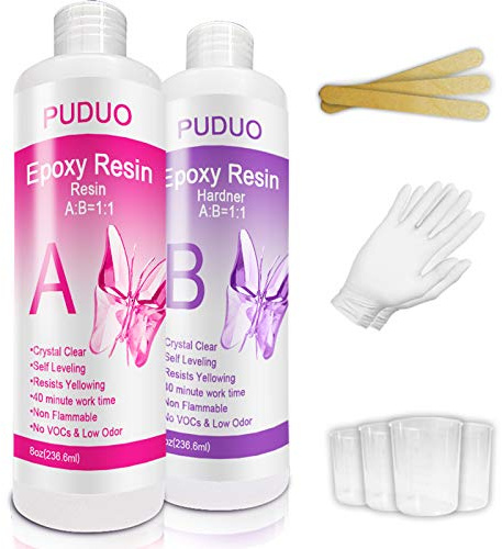 Epoxy Resin Crystal Clear Kit for Art, Jewelry, Crafts, Coating- 16 OZ Including 8OZ Resin and 8OZ Hardener | Bonus 4 pcs Measuring Cups, 3pcs Sticks, 1 Pair Rubber Gloves by Puduo