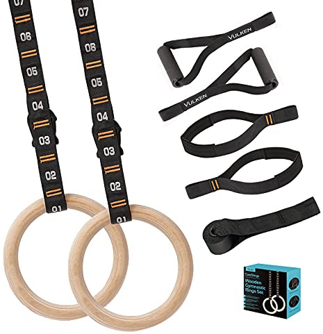 Vulken Wooden Gymnastic Rings with Adjustable Numbered Straps. 1.1'' Olympic Rings for Core Workout, Crossfit, and Bodyweight Training. Home Gym Rings 1600lbs with Workout Handles