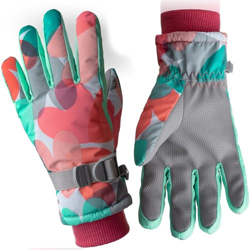 Vagasi Skihandschuhe Kinder Schneehandschuhe Mädchen Fleece Winterhandschuhe wasserdichte Winddichte Handschuhe für Jungen im Outdoor-Sport Winter Sport Snowboard, Farbige Herzen, L