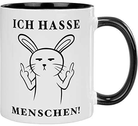 Geschenke 24 Tasse - Ich hasse Menschen - originell bedruckter Kaffeebecher mit lustigem Comic-Motiv und Spruch, mehrfarbig (Schwarz, Hase)
