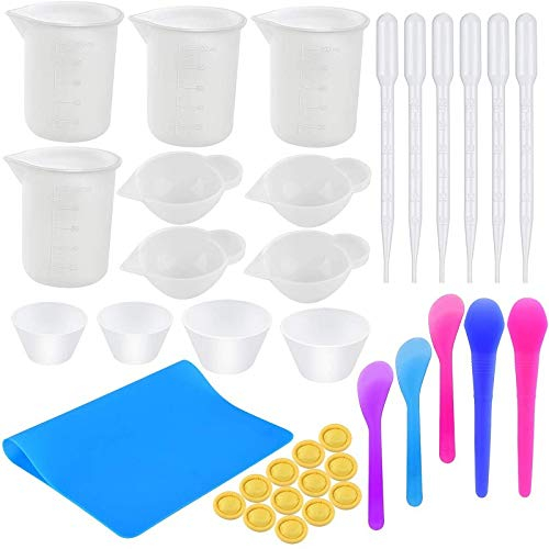 YAVO-EU Moldes Silicona de Resina,36Pcs Silicona Moldes de Joyería Incluyendo Mat de Silicona, Taza Medidora,para Hacer Joyerias Creativo Bricolaje