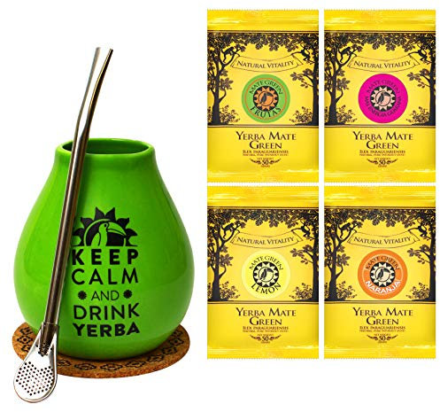 Mate Green Luka Keep Calm Lot de 350 ml en céramique avec paille en acier inoxydable 17,5 cm et thé maté du Brésil de haute qualité