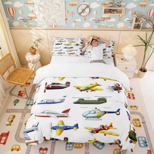 Cartoon Flugzeuge Bettwäsche-Set Arten Flugzeuge Bettwäsche Set 200x200cm Spielzeug Flugzeuge Betten Set für Kinder Jungen Mädchen Teenager 3St.Reißverschluss Mikrofaser