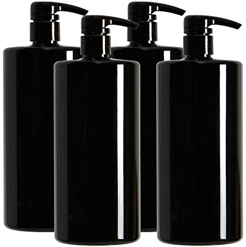 Youngever Lot de 4 Bouteille Pompe Shampoing 1L Noir, Bouteille Pompe Vide Plastique 1000ML, Distributeur Flacon Pompe