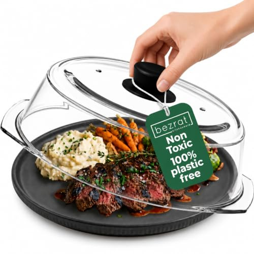 Bezrat Microwave Tall Glass Plate Cover | Splatter Guard Lid with Easy Grip Silicone Handle Knob | 100% Food Grade | BPA Free and Dishwasher Safe | 10 Inch (Black-)
