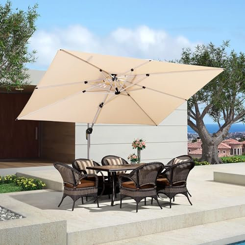 PURPLE LEAF 3 X 3.65 M Garden Cantilever Parasol, Large Rectangle Overhanging Patio Umbrella with CrankHandle and Tilt for Balcony and Outdoor, Beige