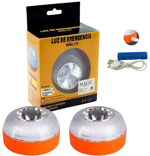 MAGIC SELECT 2X Luz de Emergencia V16 para Señalización en Carretera de Coche y Moto. Luz Intermitente y Fija con Encendido Automático, Base Imantada, Batería Recargable.